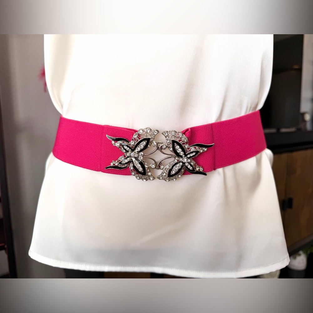 Vintage Pink Stretch Belt with Butterfly Buckle